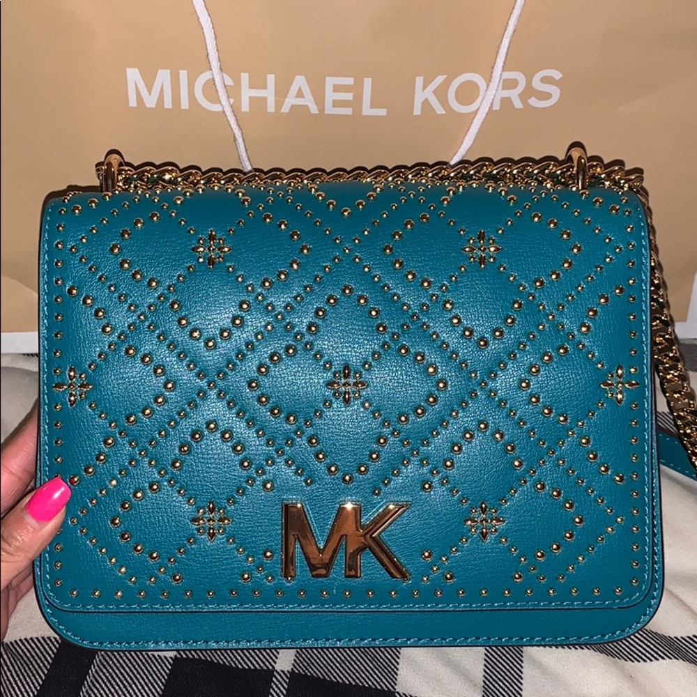Michael Kors Teal Studded Leather Shoulder Bag